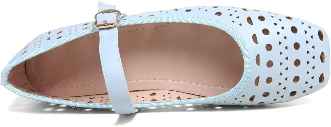 Hee grand Summer Hollow Out Ballet Flats for Women Fashion Square Toe Buckle Strap Mary Jane Flats Breathable Walking Shoes Soft Leather Dress Shoes