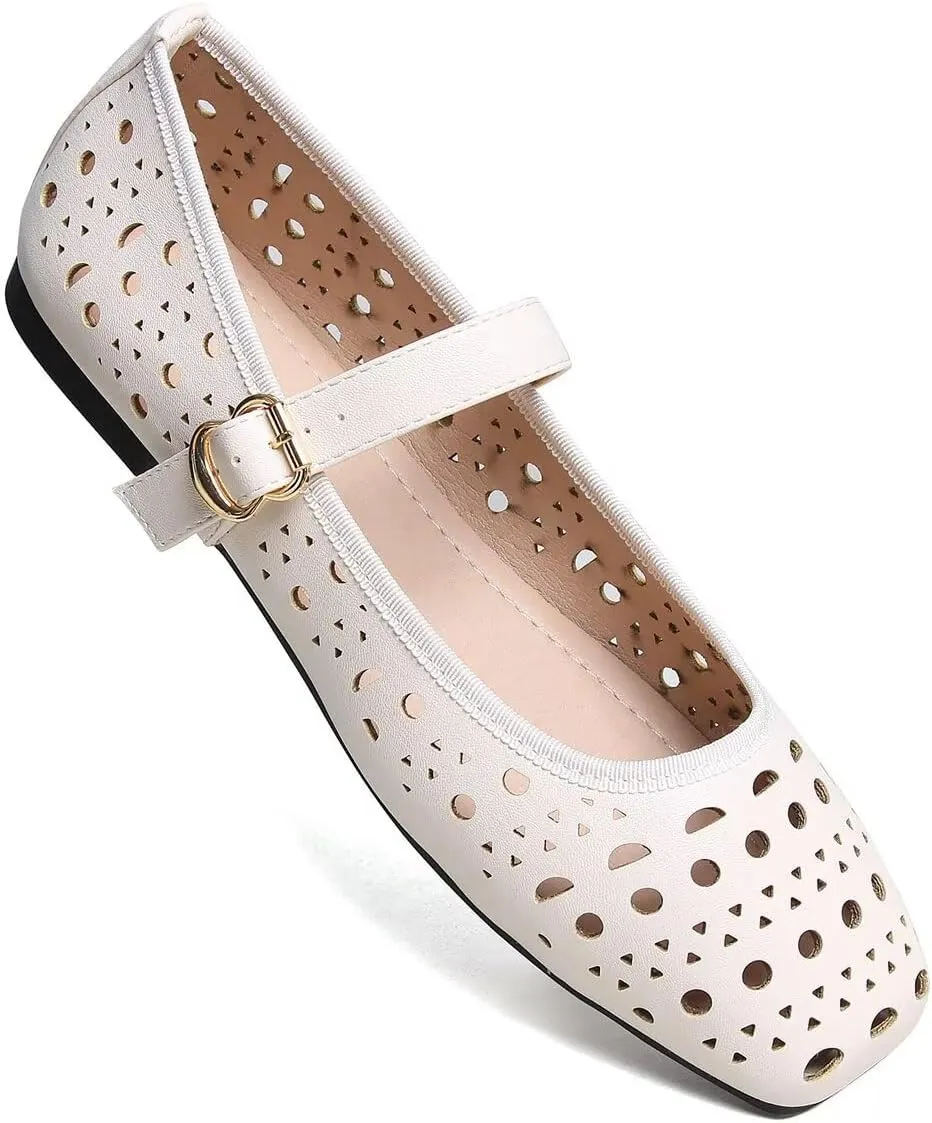 Hee grand Summer Hollow Out Ballet Flats for Women Fashion Square Toe Buckle Strap Mary Jane Flats Breathable Walking Shoes Soft Leather Dress Shoes
