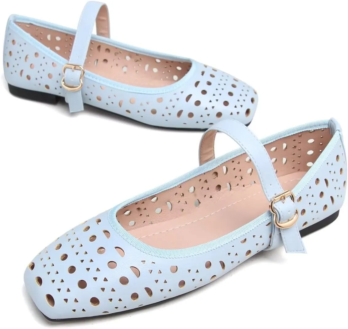 Hee grand Summer Hollow Out Ballet Flats for Women Fashion Square Toe Buckle Strap Mary Jane Flats Breathable Walking Shoes Soft Leather Dress Shoes