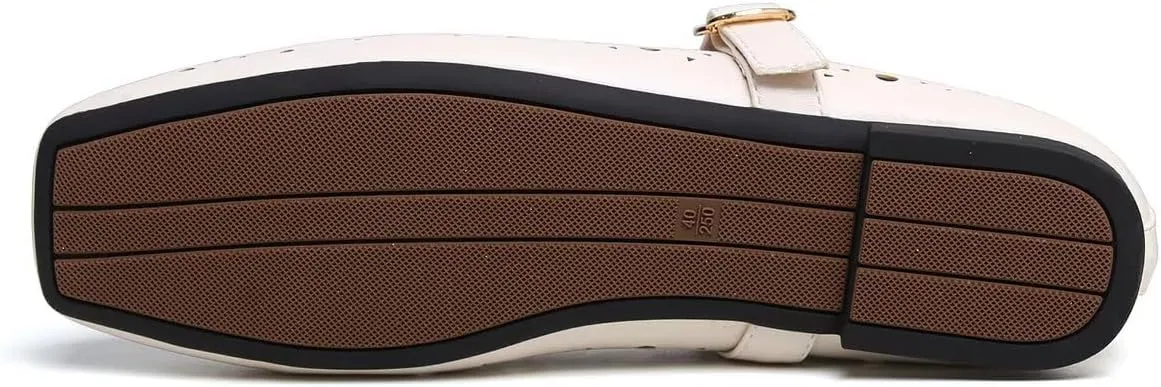 Hee grand Summer Hollow Out Ballet Flats for Women Fashion Square Toe Buckle Strap Mary Jane Flats Breathable Walking Shoes Soft Leather Dress Shoes