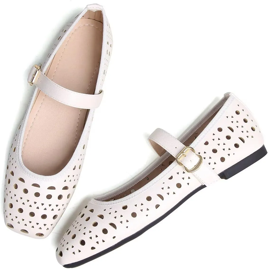 Hee grand Summer Hollow Out Ballet Flats for Women Fashion Square Toe Buckle Strap Mary Jane Flats Breathable Walking Shoes Soft Leather Dress Shoes