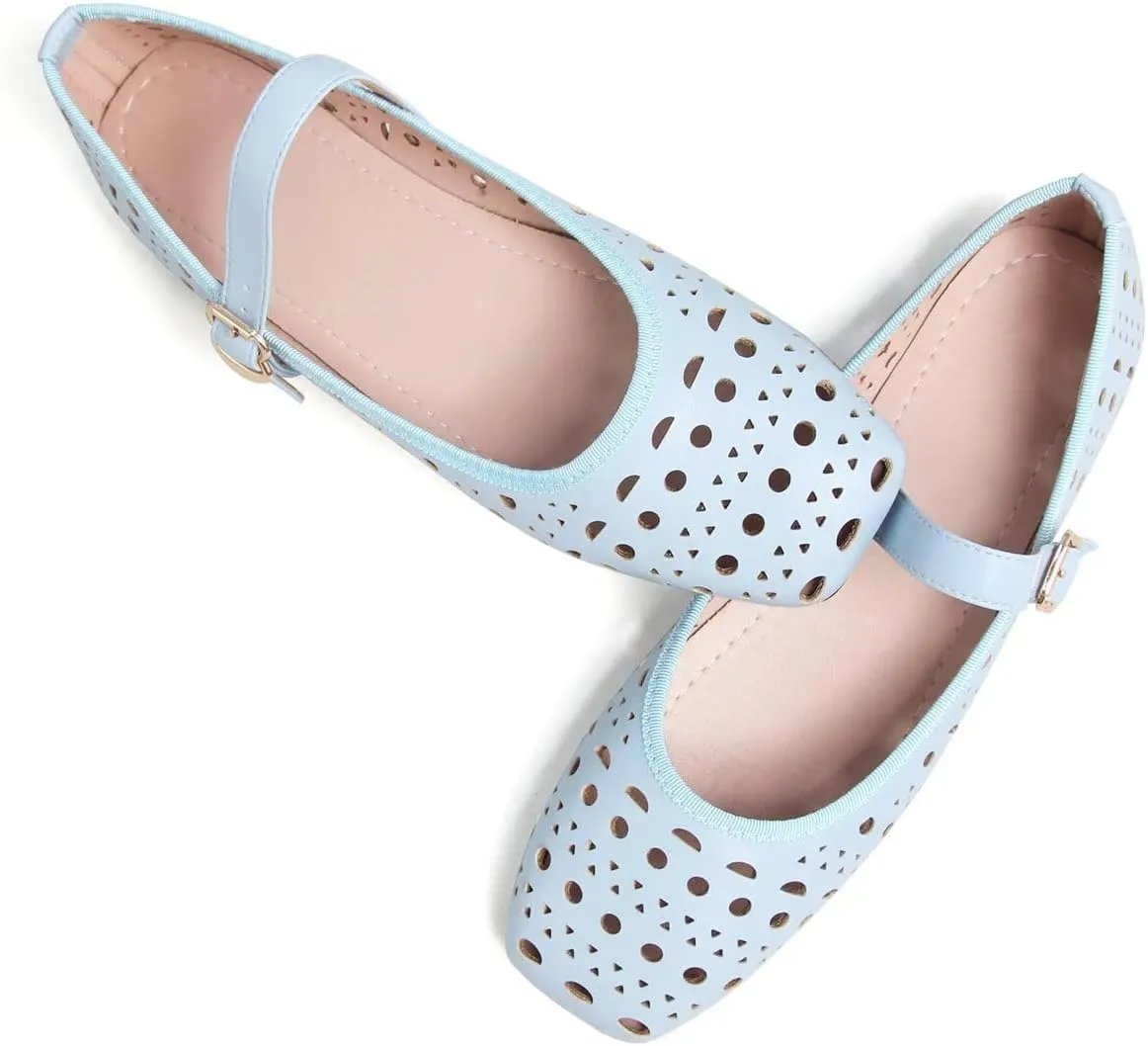 Hee grand Summer Hollow Out Ballet Flats for Women Fashion Square Toe Buckle Strap Mary Jane Flats Breathable Walking Shoes Soft Leather Dress Shoes