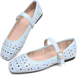 Hee grand Summer Hollow Out Ballet Flats for Women Fashion Square Toe Buckle Strap Mary Jane Flats Breathable Walking Shoes Soft Leather Dress Shoes