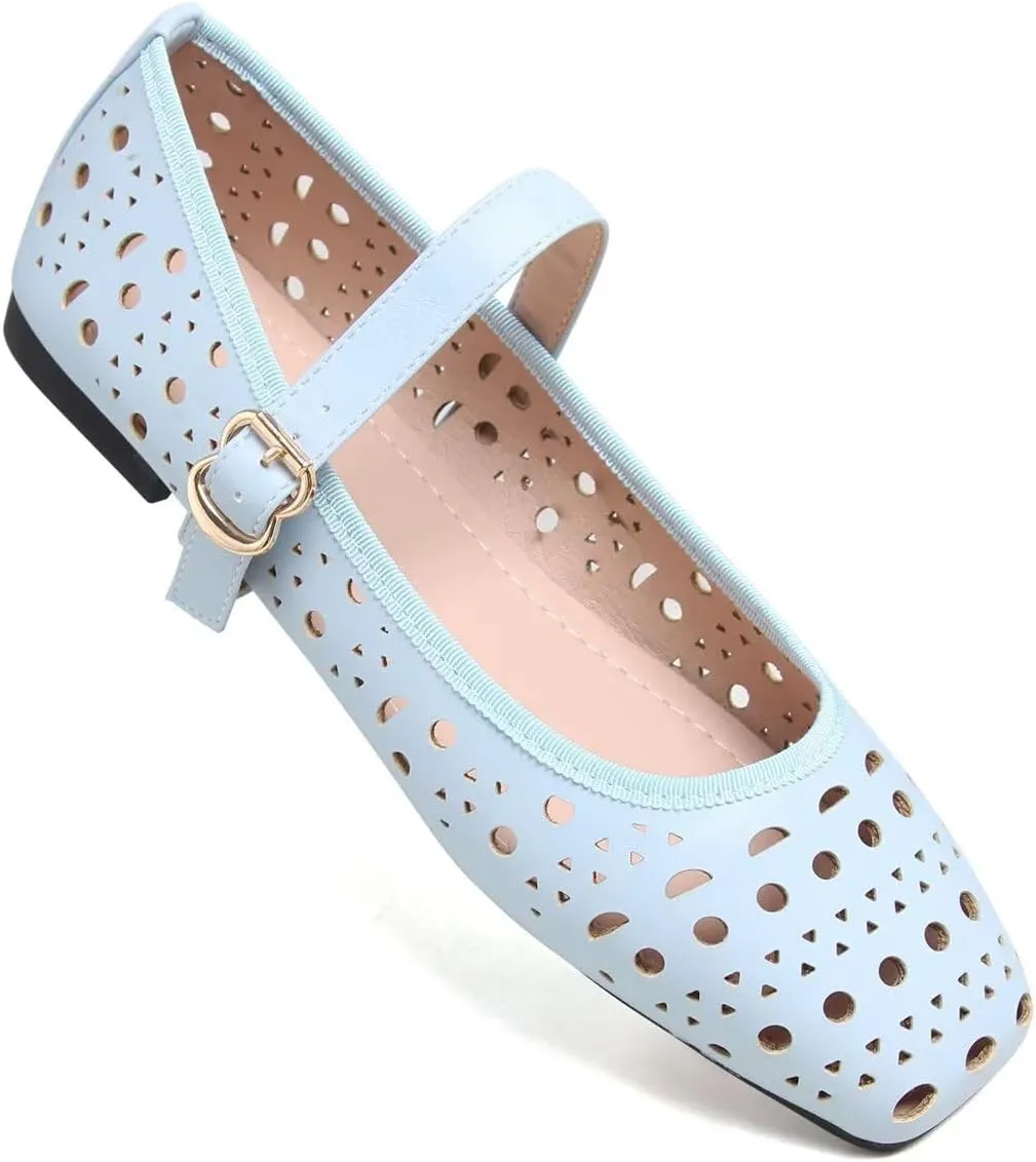 Hee grand Summer Hollow Out Ballet Flats for Women Fashion Square Toe Buckle Strap Mary Jane Flats Breathable Walking Shoes Soft Leather Dress Shoes