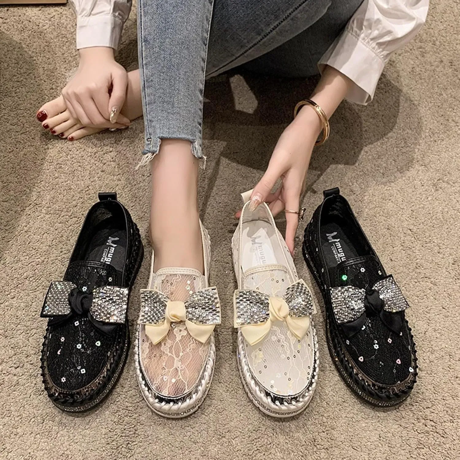 HINDOLA Women's Platform Rhinestone Sneaker Casual Fashion Slip-On Sparkle Bling Flat Loafers Bow Mesh Breathable Sneakers Glitter Walking Dress Shoes White