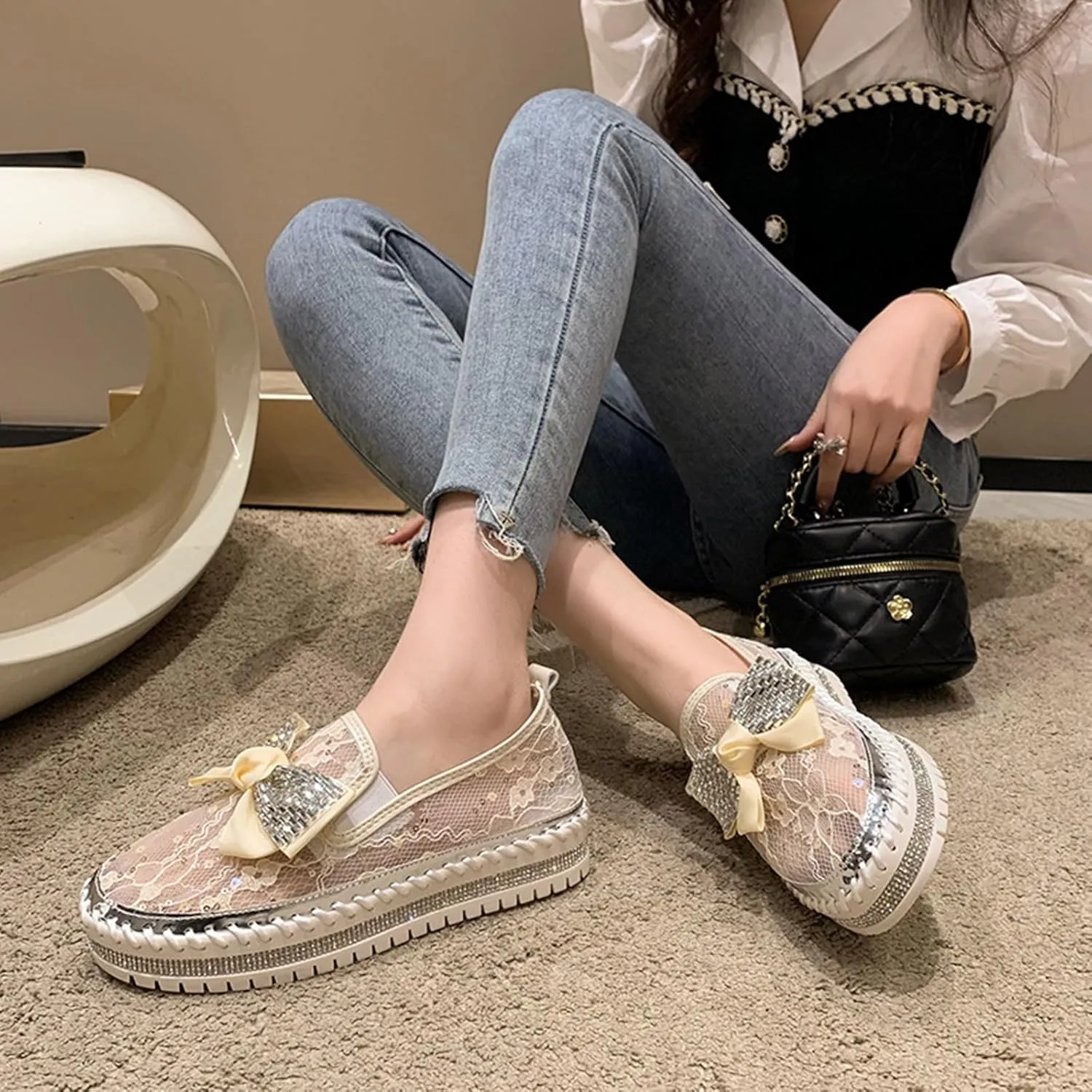 HINDOLA Women's Platform Rhinestone Sneaker Casual Fashion Slip-On Sparkle Bling Flat Loafers Bow Mesh Breathable Sneakers Glitter Walking Dress Shoes White