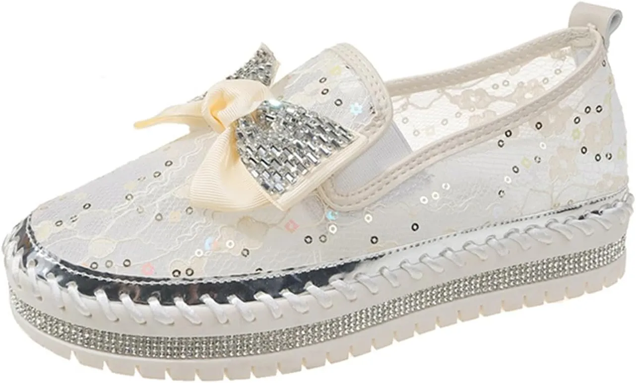 HINDOLA Women's Platform Rhinestone Sneaker Casual Fashion Slip-On Sparkle Bling Flat Loafers Bow Mesh Breathable Sneakers Glitter Walking Dress Shoes White