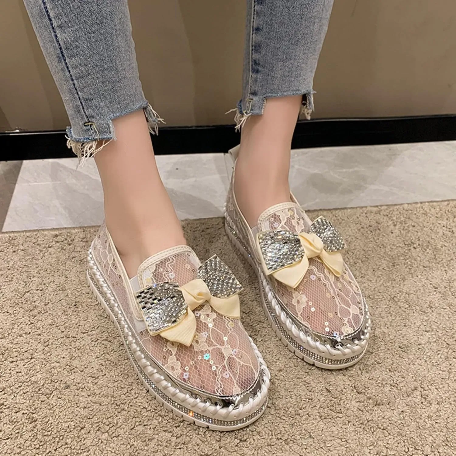 HINDOLA Women's Platform Rhinestone Sneaker Casual Fashion Slip-On Sparkle Bling Flat Loafers Bow Mesh Breathable Sneakers Glitter Walking Dress Shoes White