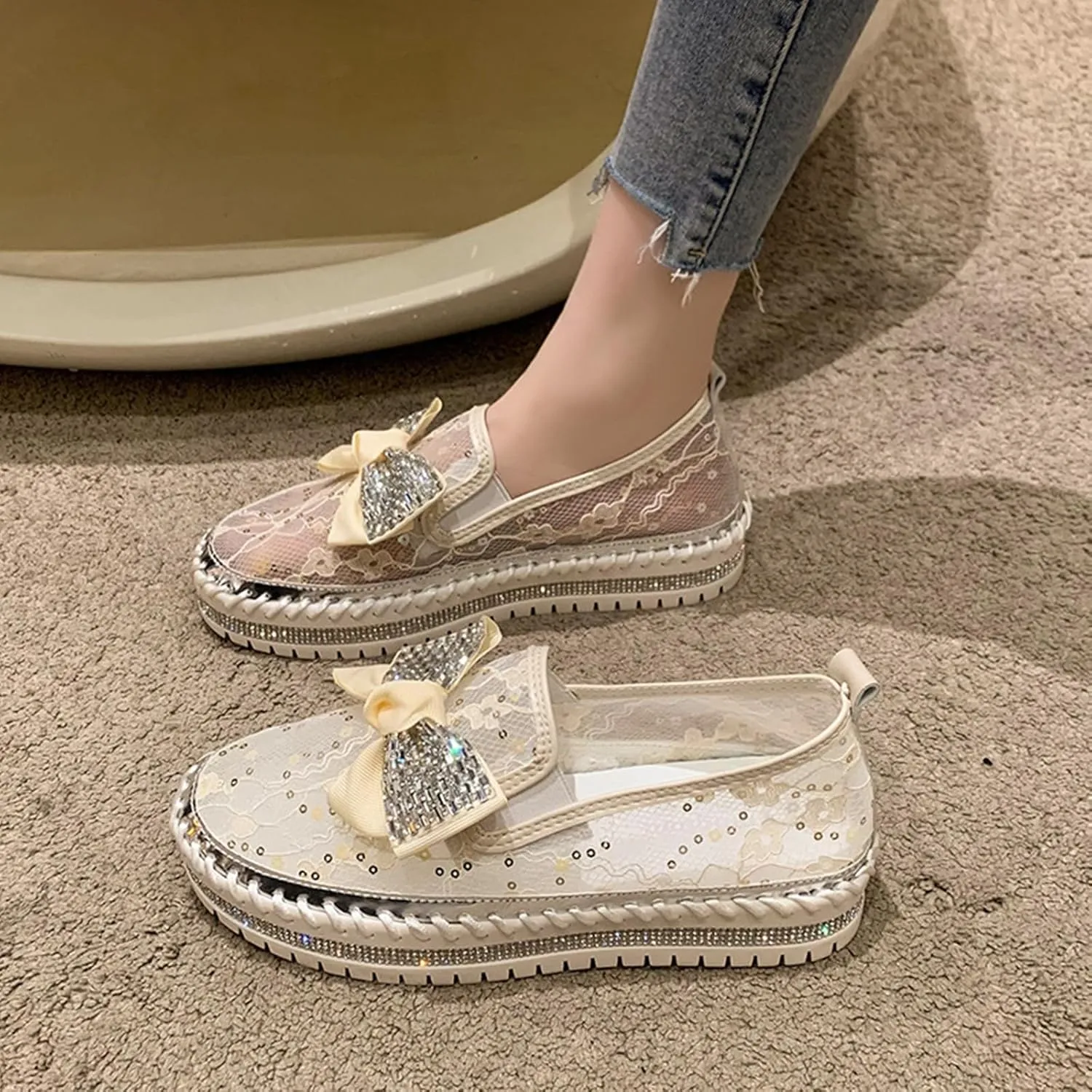 HINDOLA Women's Platform Rhinestone Sneaker Casual Fashion Slip-On Sparkle Bling Flat Loafers Bow Mesh Breathable Sneakers Glitter Walking Dress Shoes White