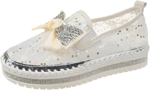 HINDOLA Women's Platform Rhinestone Sneaker Casual Fashion Slip-On Sparkle Bling Flat Loafers Bow Mesh Breathable Sneakers Glitter Walking Dress Shoes White