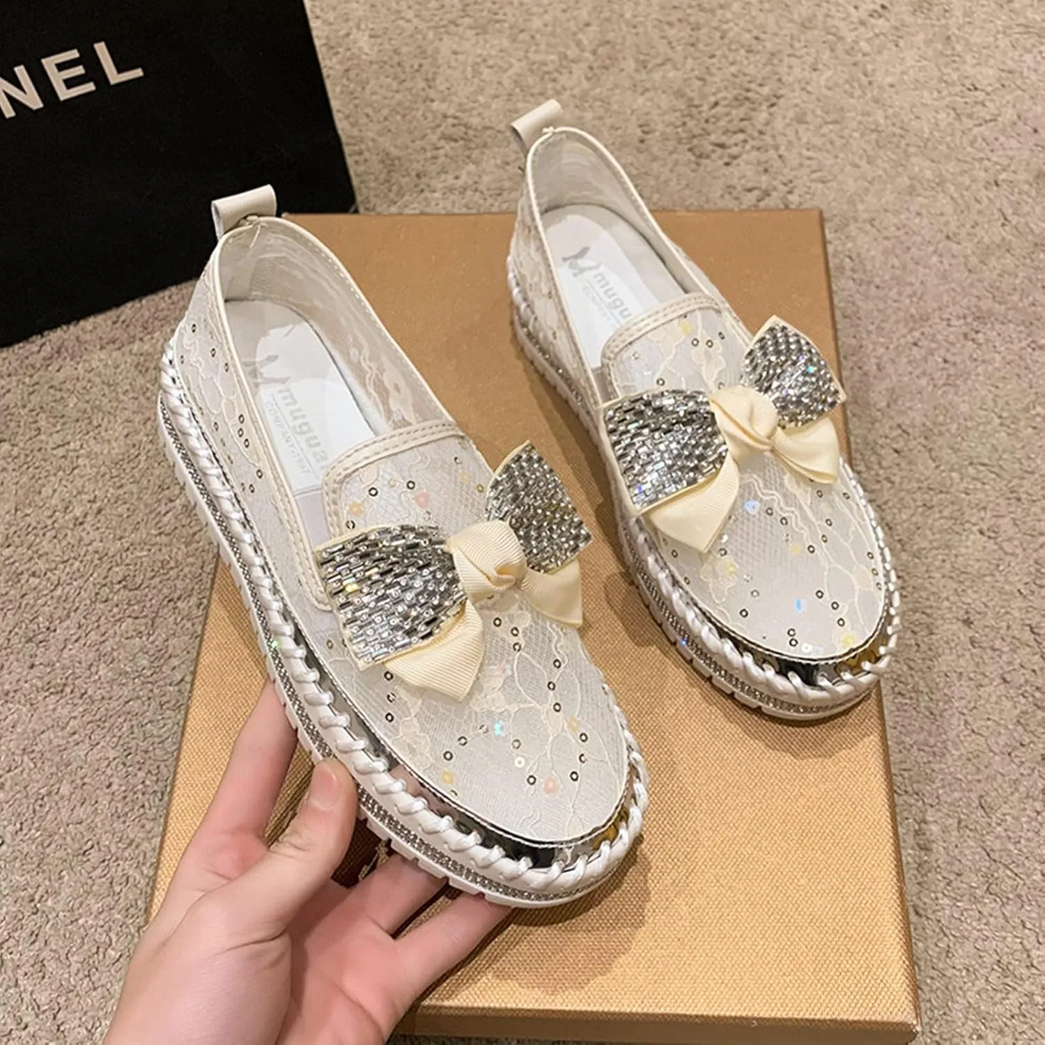 HINDOLA Women's Platform Rhinestone Sneaker Casual Fashion Slip-On Sparkle Bling Flat Loafers Bow Mesh Breathable Sneakers Glitter Walking Dress Shoes White