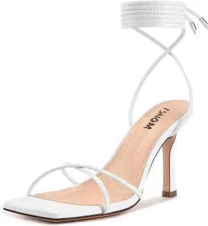 ISNOM Lace Up Heels Sandals for Women, Square Toe, Open Toe Thong, Stiletto Heels Design