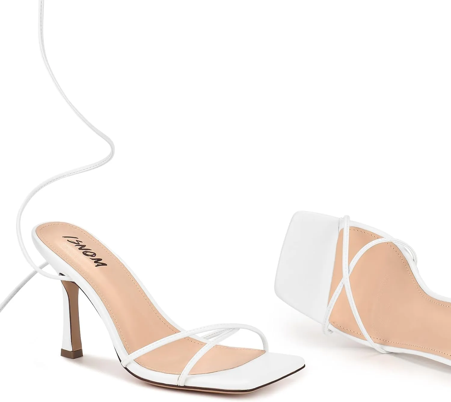 ISNOM Lace Up Heels Sandals for Women, Square Toe, Open Toe Thong, Stiletto Heels Design