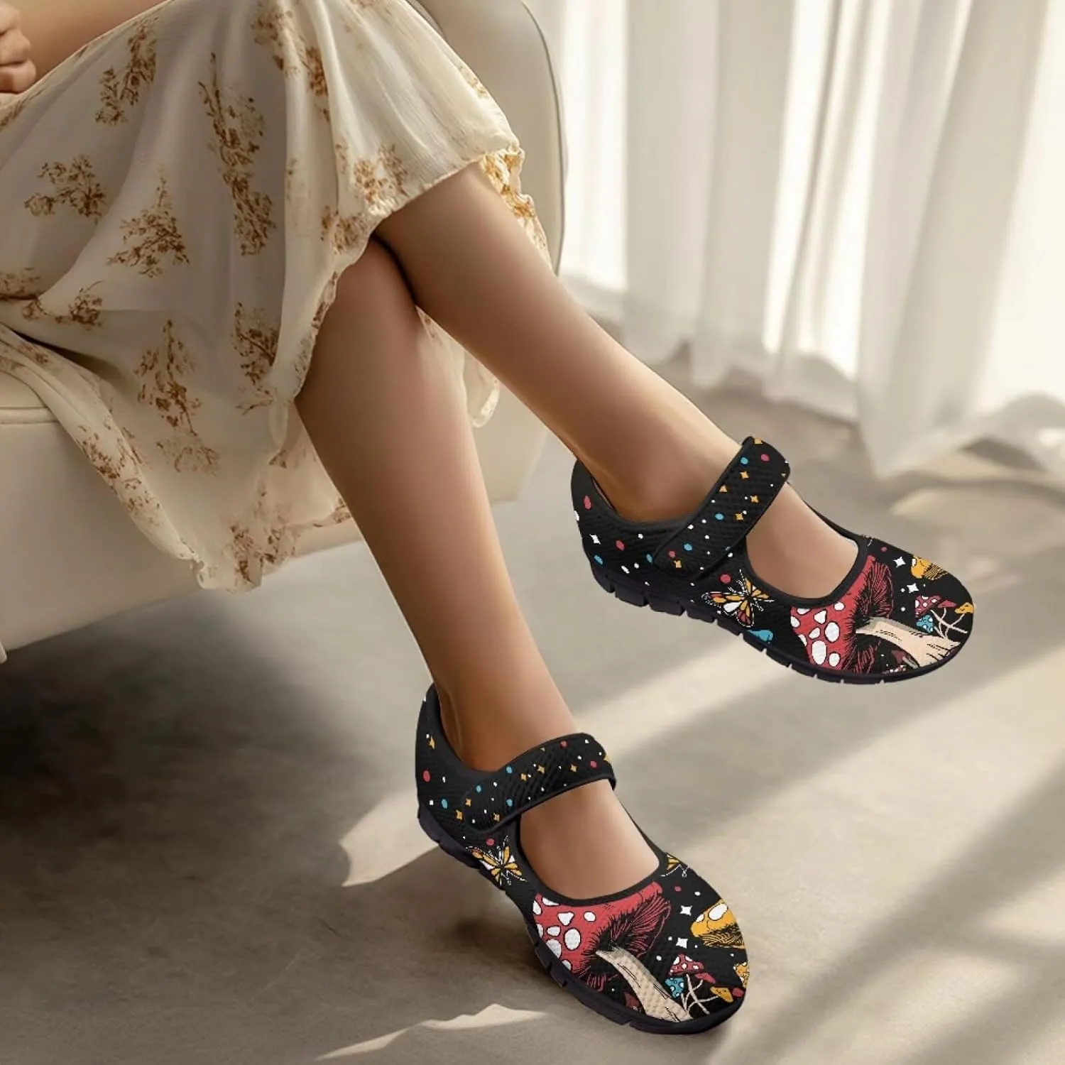 Jeiento Slip On Mushroom Pattern Mary Jane Flats Ballet Flats Shoes for Women Casual Dress Shoes