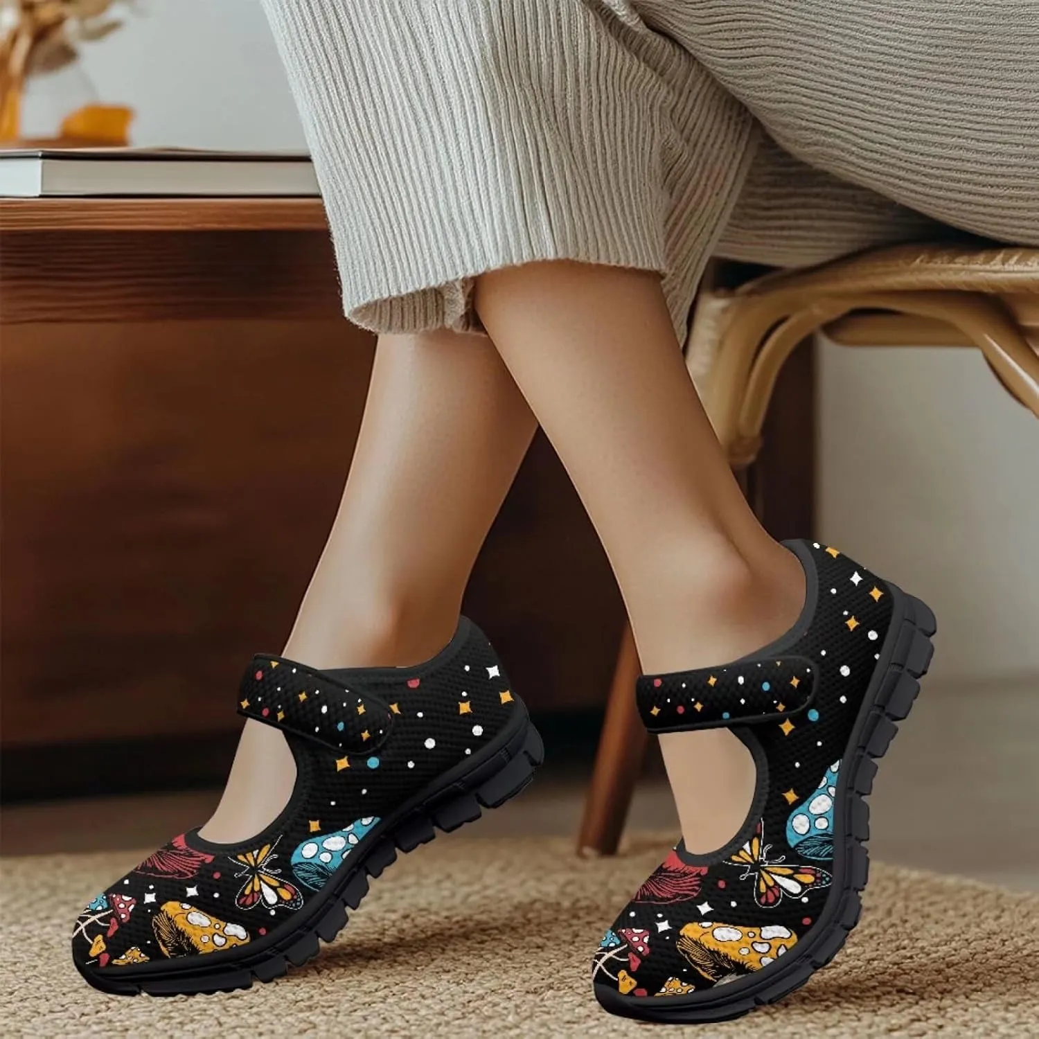 Jeiento Slip On Mushroom Pattern Mary Jane Flats Ballet Flats Shoes for Women Casual Dress Shoes