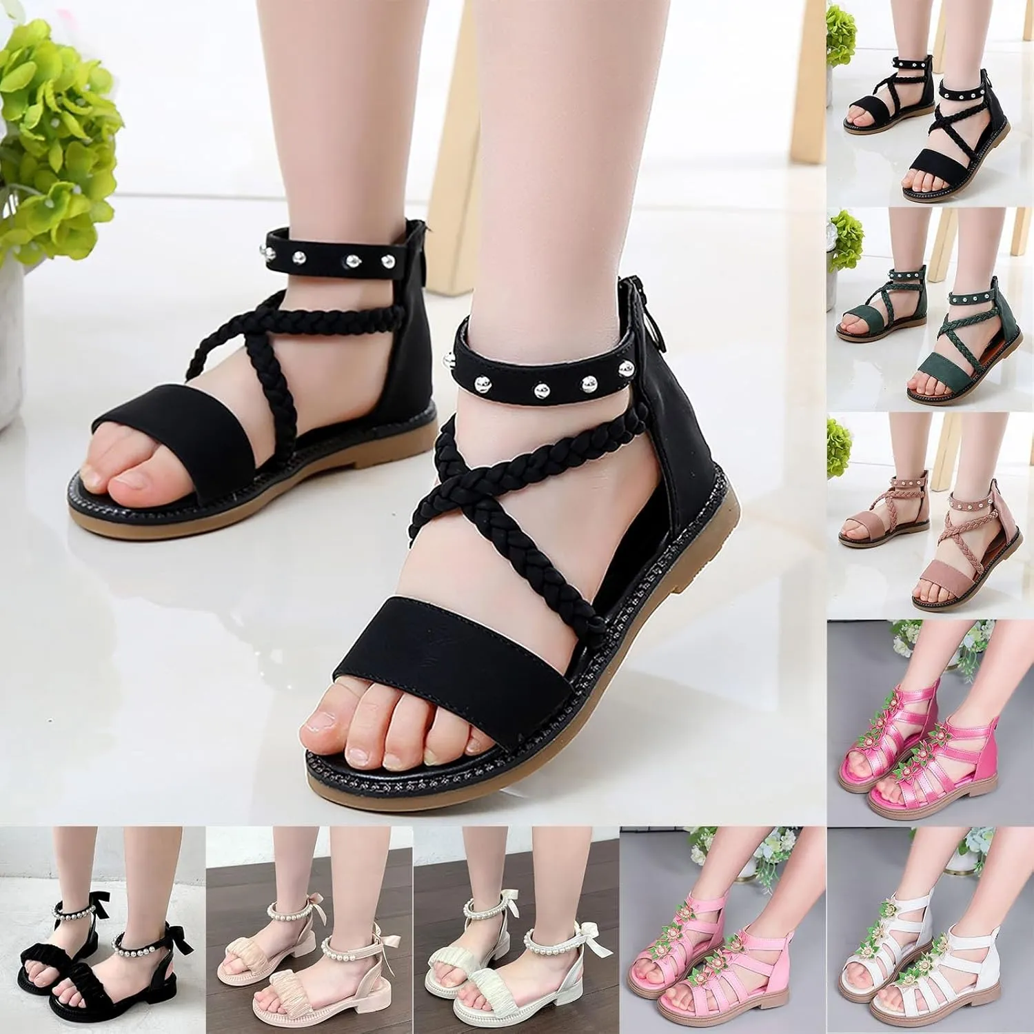 Kids Girls 2025 Sandals Vintage Strappy High Top Soft Sole Beach Shoes Summer Flat Open Toe Sandals with Zipper