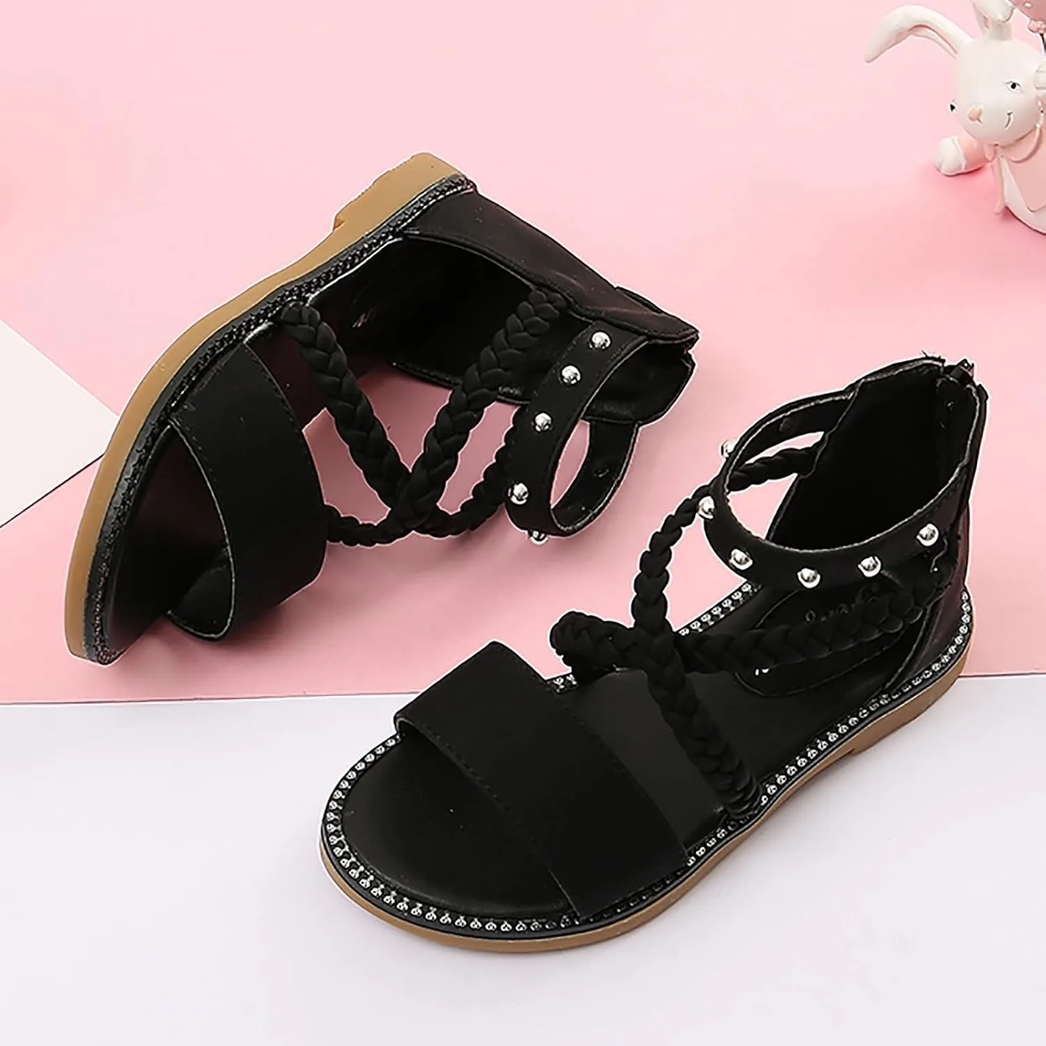 Kids Girls 2025 Sandals Vintage Strappy High Top Soft Sole Beach Shoes Summer Flat Open Toe Sandals with Zipper