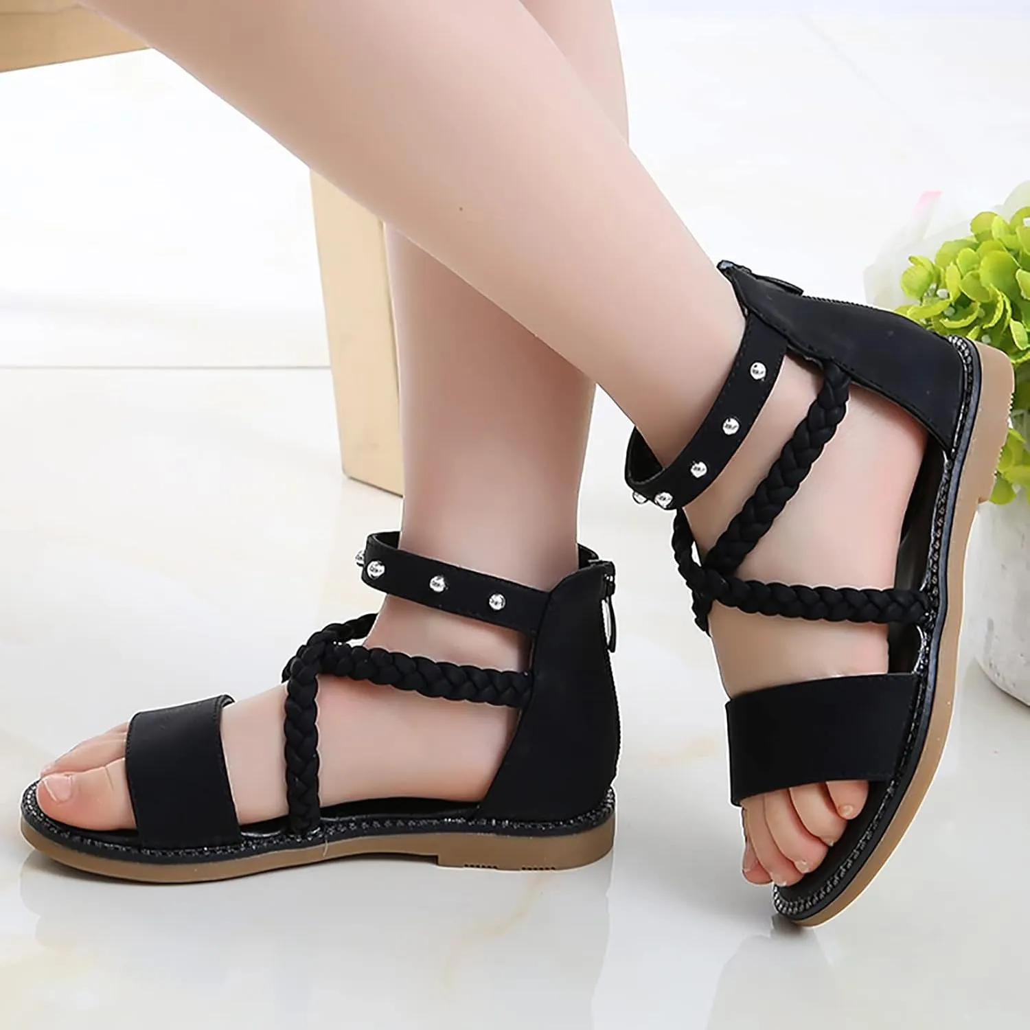 Kids Girls 2025 Sandals Vintage Strappy High Top Soft Sole Beach Shoes Summer Flat Open Toe Sandals with Zipper
