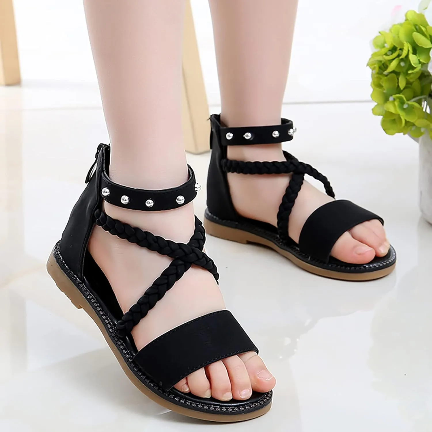 Kids Girls 2025 Sandals Vintage Strappy High Top Soft Sole Beach Shoes Summer Flat Open Toe Sandals with Zipper