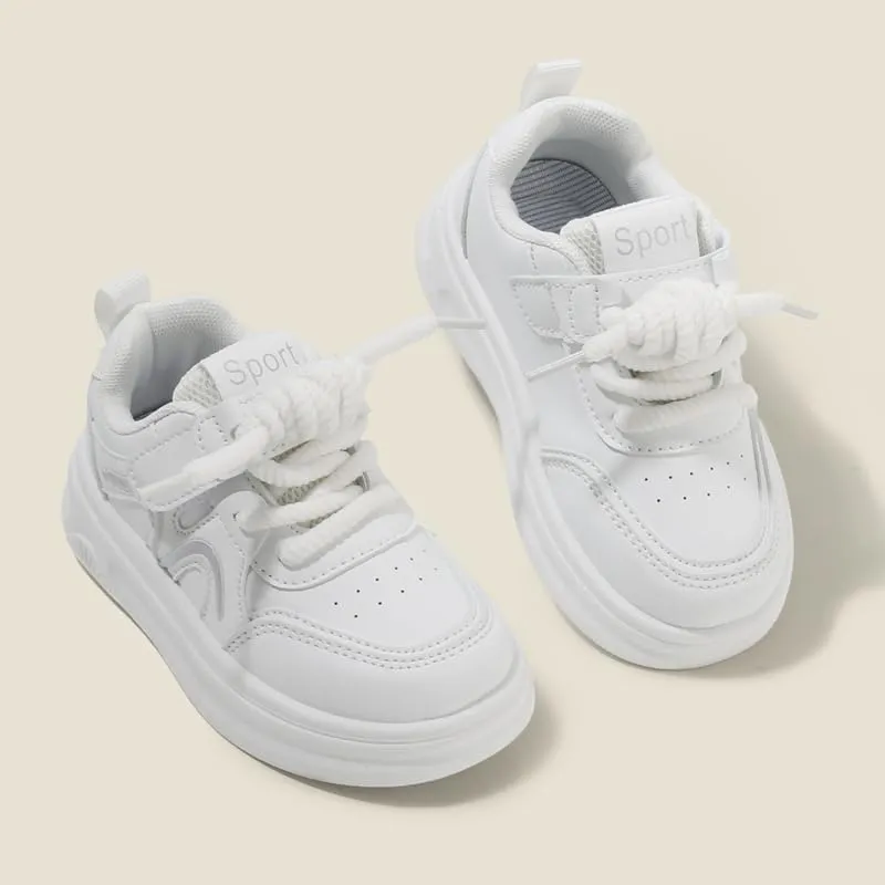 Kids White Platform Sneakers, Lace-up Athletic Shoes, Casual Sport Running Shoes
