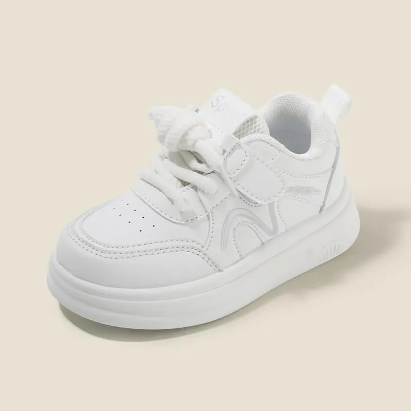 Kids White Platform Sneakers, Lace-up Athletic Shoes, Casual Sport Running Shoes