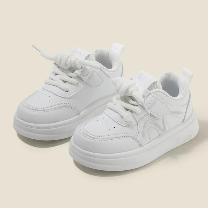 Kids White Platform Sneakers, Lace-up Athletic Shoes, Casual Sport Running Shoes