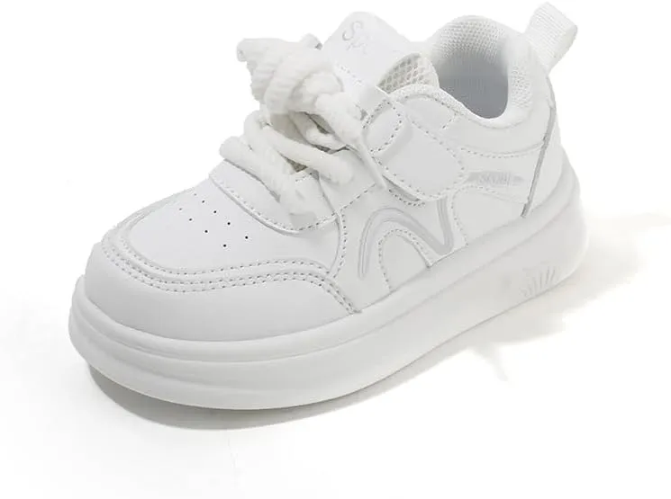 Kids White Platform Sneakers, Lace-up Athletic Shoes, Casual Sport Running Shoes