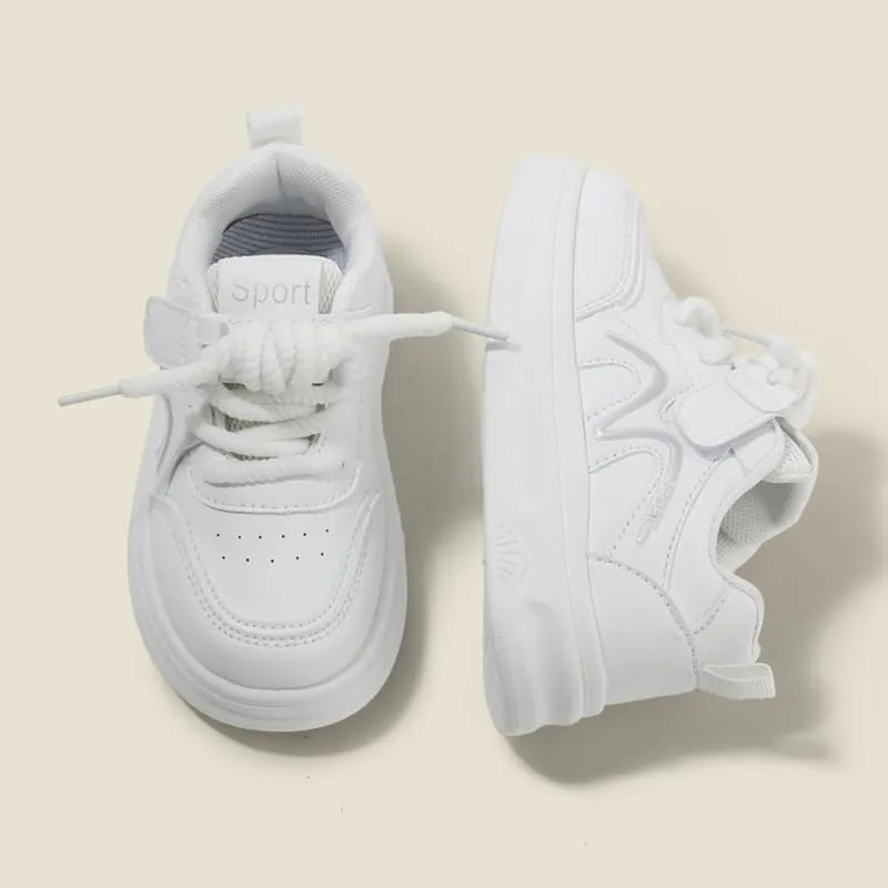 Kids White Platform Sneakers, Lace-up Athletic Shoes, Casual Sport Running Shoes