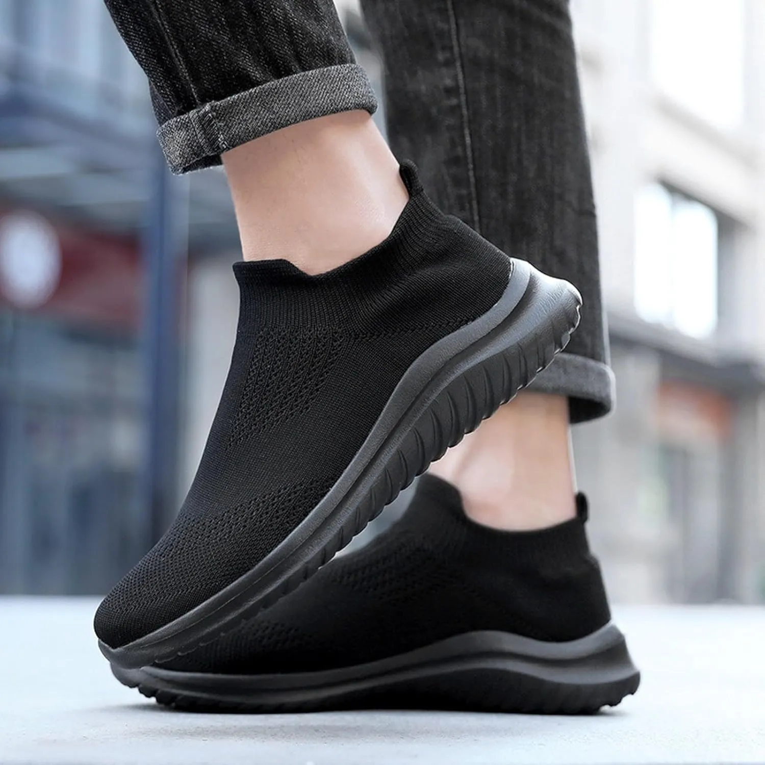 Mens Lightweight Slip on High Top Sneakers: Breathable Mesh Running Walking Shoes with Non Slip Rubber Outsole & Orthopedic Sole for All-Day Wear Arch Support Black Sneaker Men