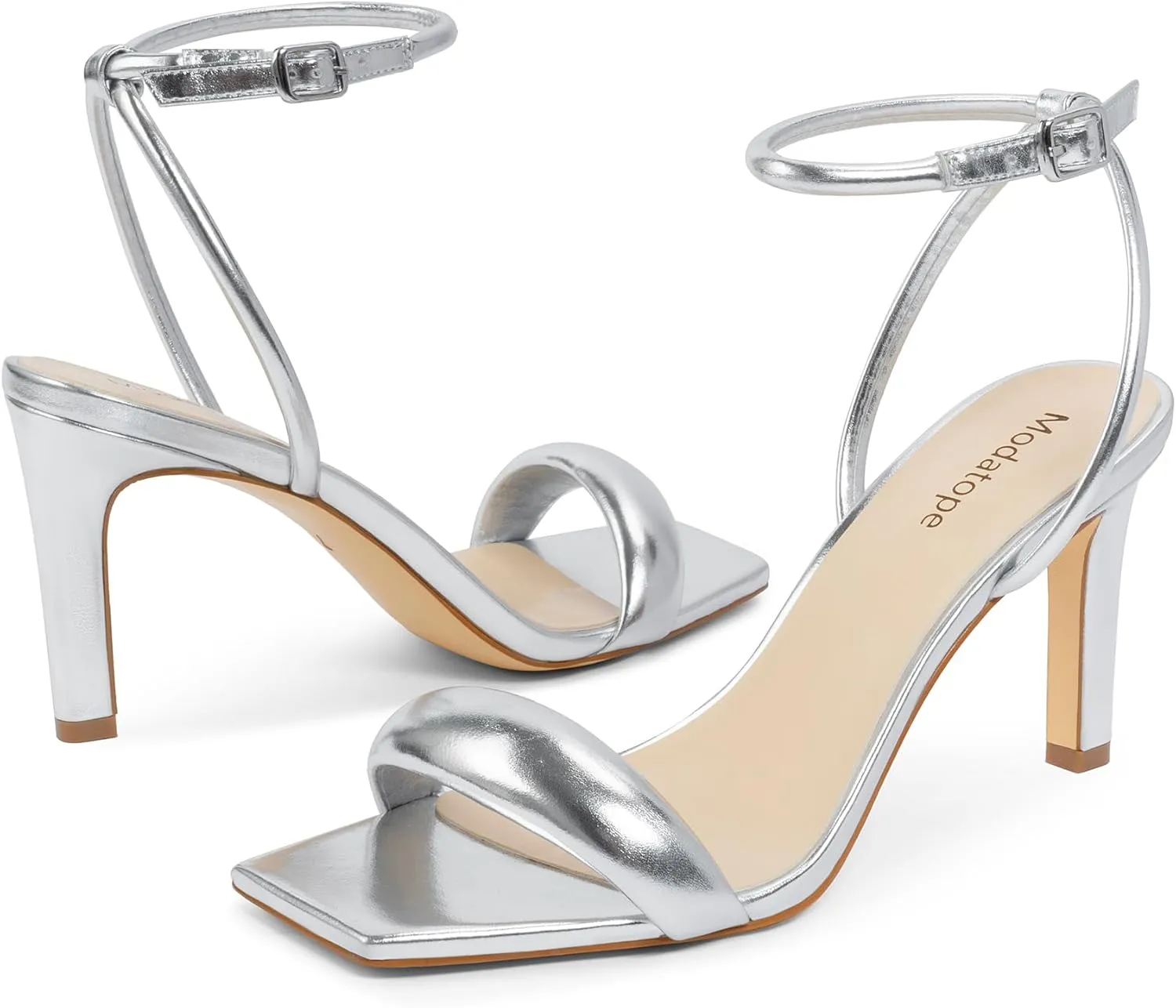 Modatope Womens Heels Square Open Toe Strappy High Heels Ankle Strap Heeled Sandals for Women Party Wedding Daily Wear