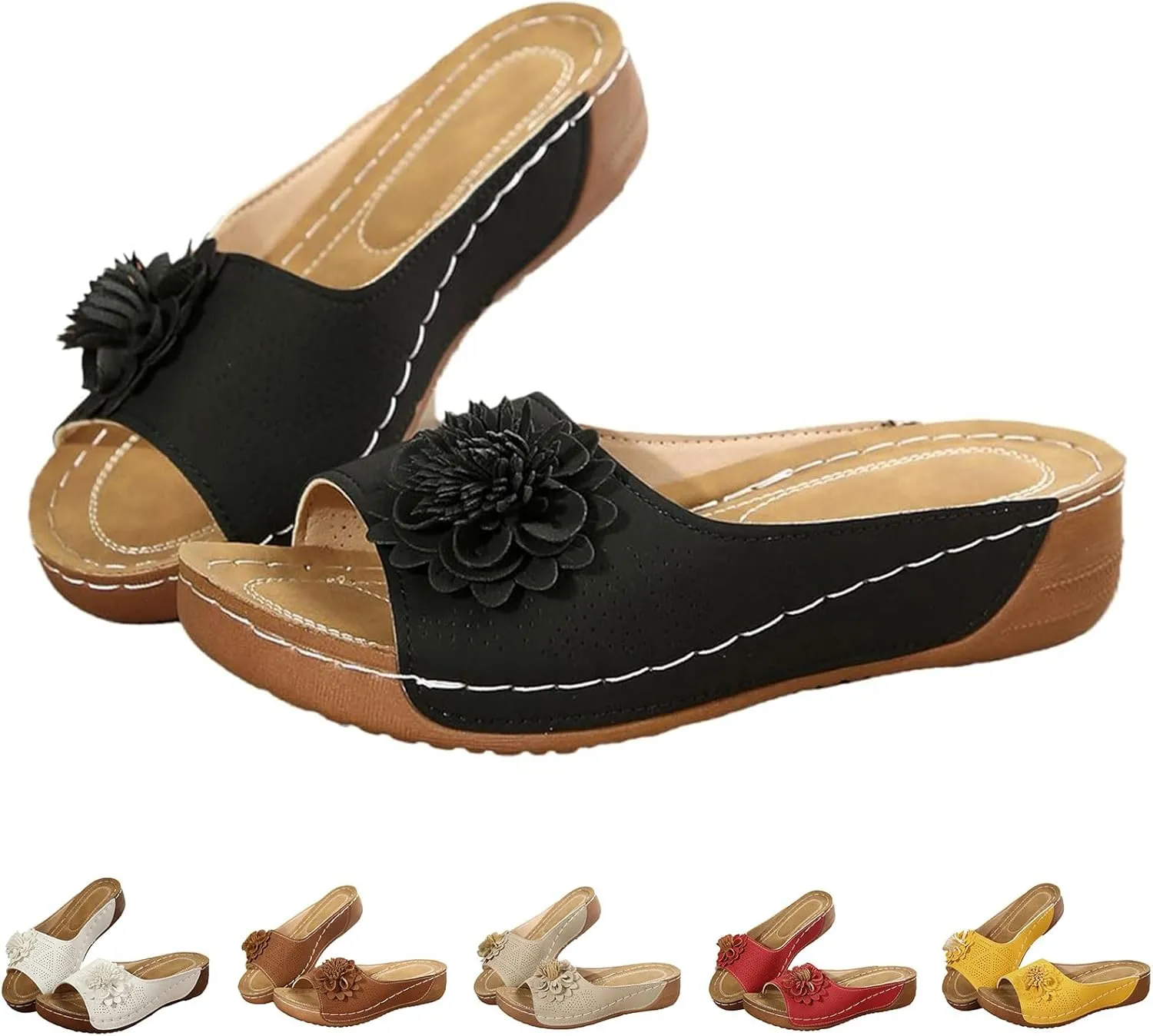 Orthopedic Sandals for Women Summer Fashion Open Toe Wedge Slides Slippers Fashion Flower Fish Mouth Leather Slippers Mesh Comfy Shoes