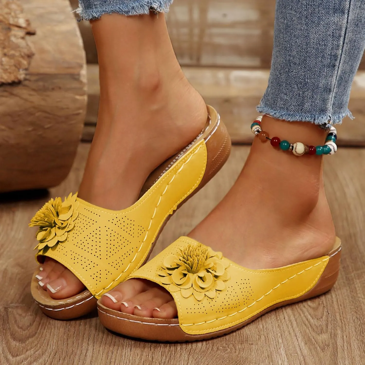 Orthopedic Sandals for Women Summer Fashion Open Toe Wedge Slides Slippers Fashion Flower Fish Mouth Leather Slippers Mesh Comfy Shoes