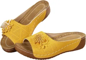 Orthopedic Sandals for Women Summer Fashion Open Toe Wedge Slides Slippers Fashion Flower Fish Mouth Leather Slippers Mesh Comfy Shoes