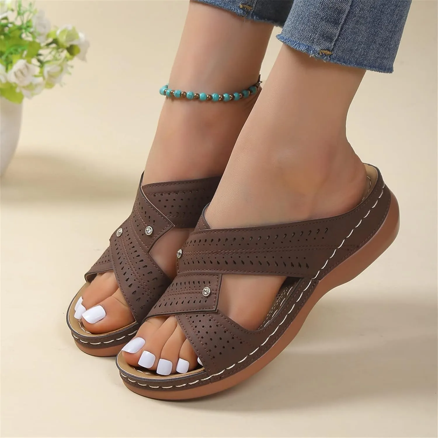 Orthopedic Wedge Sandals for Women 2025 Comfortable Open Toe Slip-On Casual Walking Platform Sandals Hollow Breathable Beach Low Wedge Slippers Indoor Outdoor