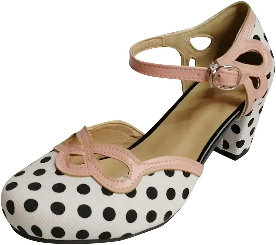 Polka Dot Mary Jane Shoes Ladies Dressy Round Toe Pumps Chunky Low Heels Sweet Ankle Strap Sexy Party Dress Shoes