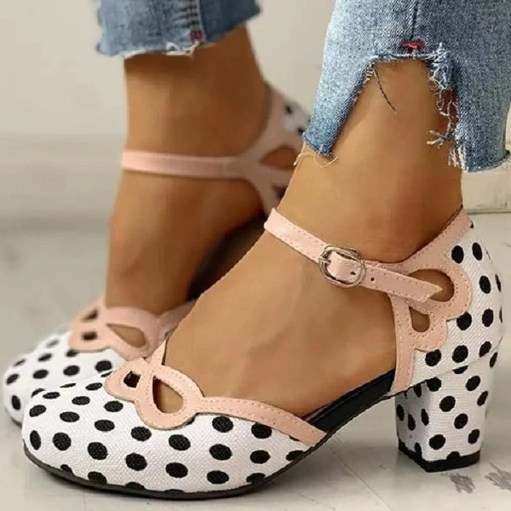 Polka Dot Mary Jane Shoes Ladies Dressy Round Toe Pumps Chunky Low Heels Sweet Ankle Strap Sexy Party Dress Shoes