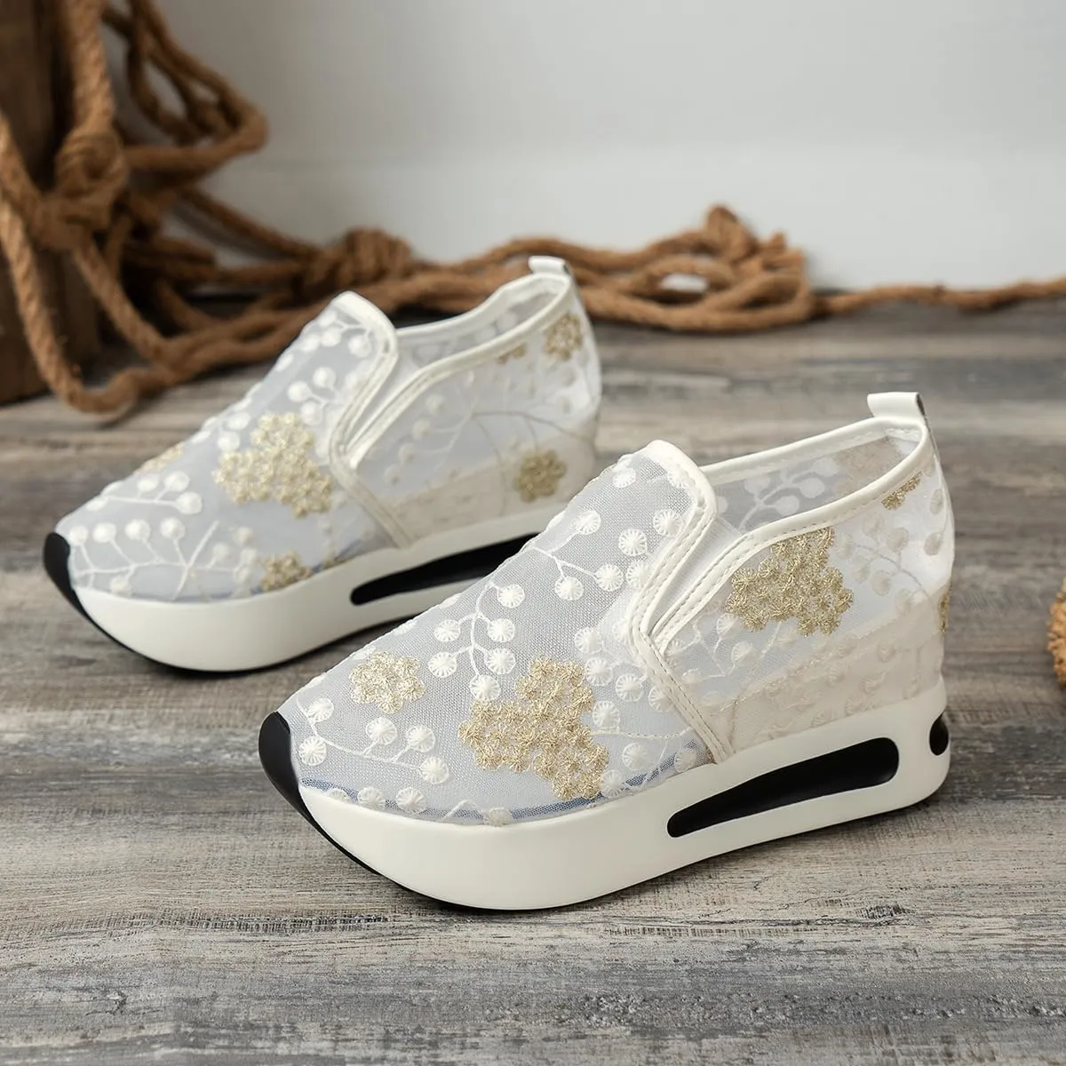 SACFOF Women's Platform Wedge Sneakers Floral Embroidery Breathable Mesh Summer Platform Shoes Hidden Walking Loafers