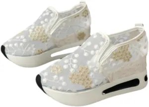 SACFOF Women's Platform Wedge Sneakers Floral Embroidery Breathable Mesh Summer Platform Shoes Hidden Walking Loafers