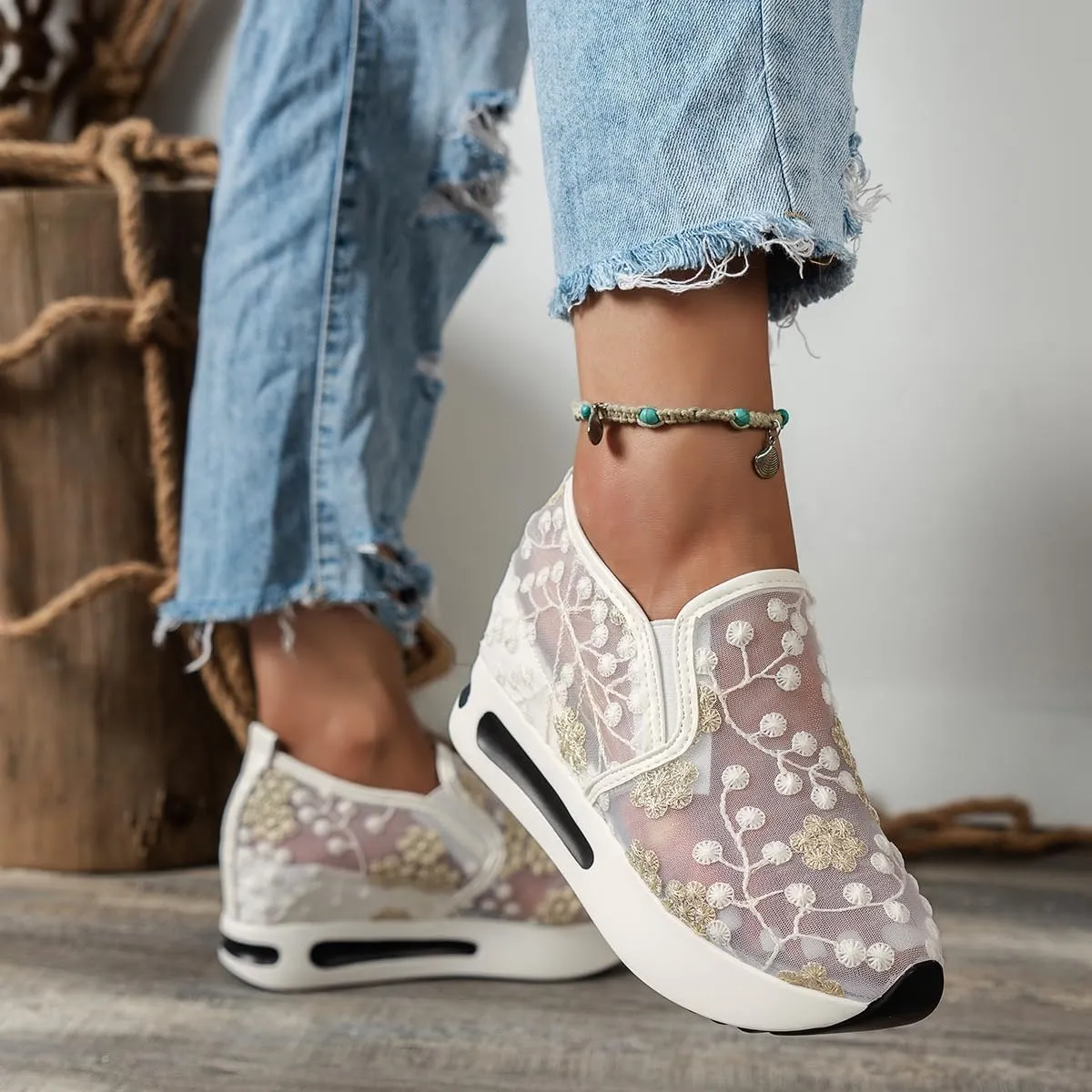 SACFOF Women's Platform Wedge Sneakers Floral Embroidery Breathable Mesh Summer Platform Shoes Hidden Walking Loafers