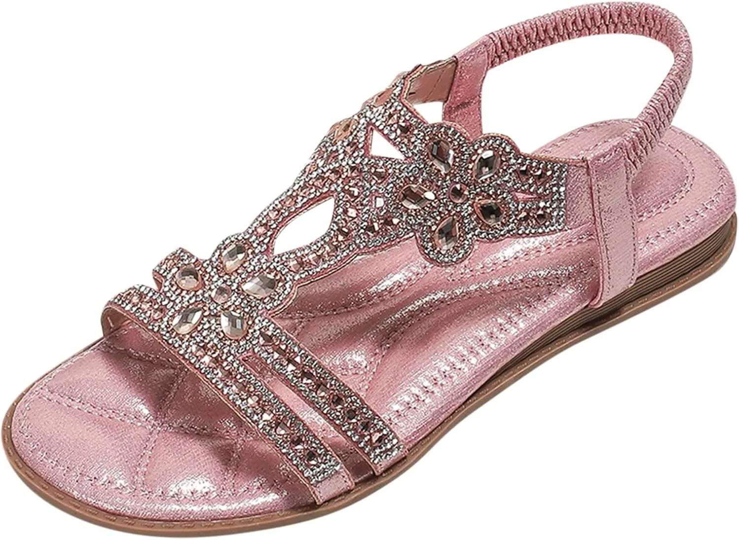 Sandals for Women Dressy Summer Beach Sandals Rhinestone Bohemian Sandals Ankle Strap Elastic T-Strap Dress Shoes