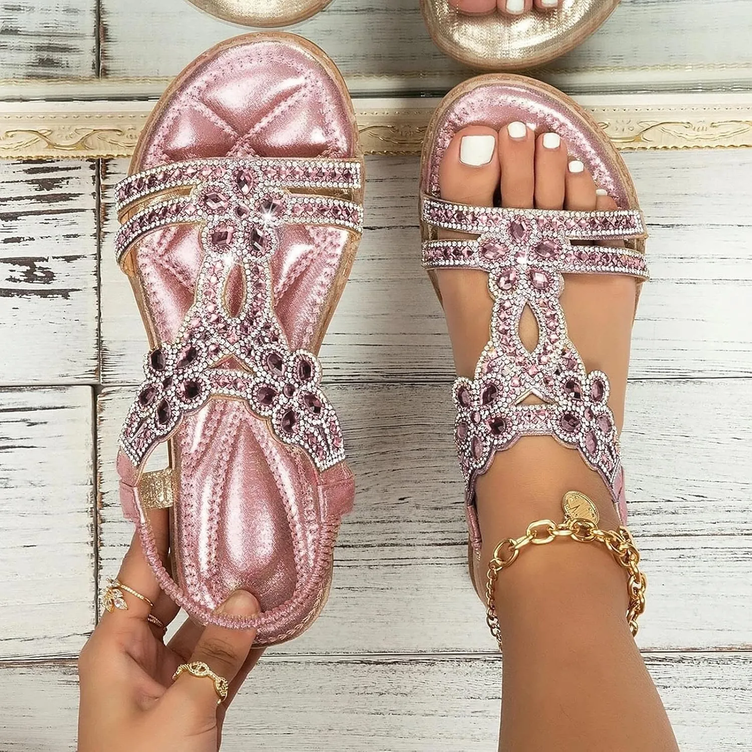 Sandals for Women Dressy Summer Beach Sandals Rhinestone Bohemian Sandals Ankle Strap Elastic T-Strap Dress Shoes