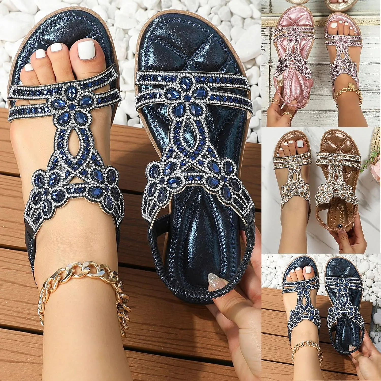 Sandals for Women Dressy Summer Beach Sandals Rhinestone Bohemian Sandals Ankle Strap Elastic T-Strap Dress Shoes