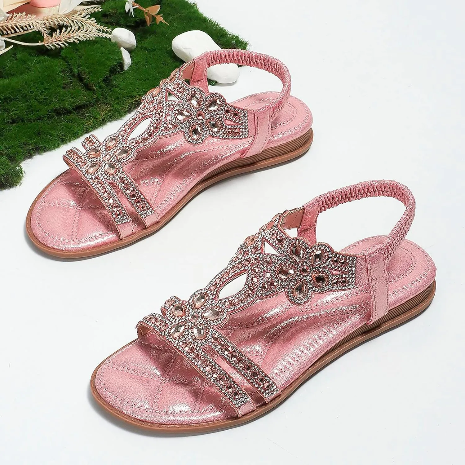 Sandals for Women Dressy Summer Beach Sandals Rhinestone Bohemian Sandals Ankle Strap Elastic T-Strap Dress Shoes