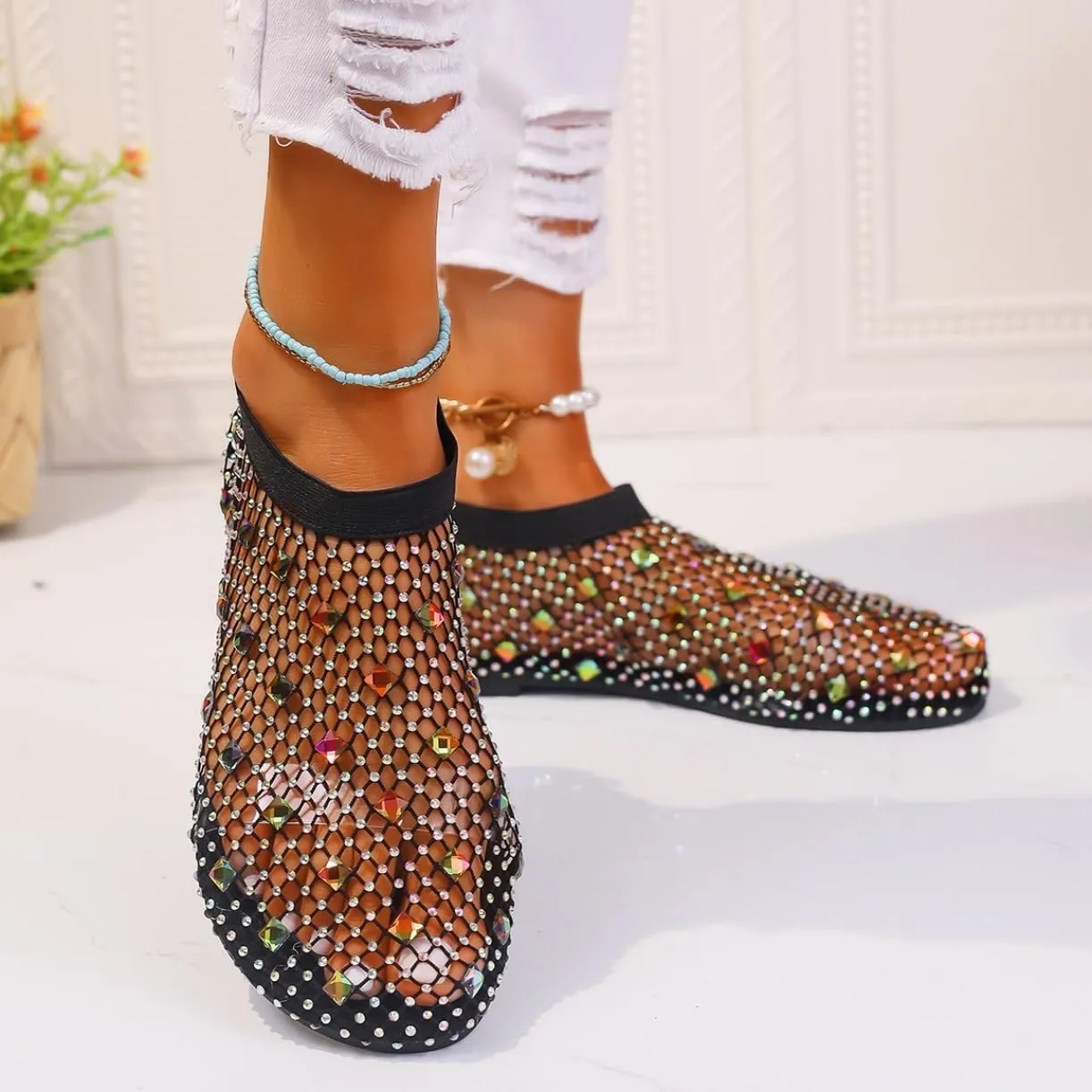 Shiny Gem Mesh Flats Women,Glittery Stretchy Net Shoes Women Ultra Comfortable Shiny Gem Mesh Flats Sparkle Shoe,Sexy Flat Cutout Sparkly Casual Wedding Dress Flats Slip On Sandals
