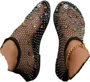 Shiny Gem Mesh Flats Women,Glittery Stretchy Net Shoes Women Ultra Comfortable Shiny Gem Mesh Flats Sparkle Shoe,Sexy Flat Cutout Sparkly Casual Wedding Dress Flats Slip On Sandals