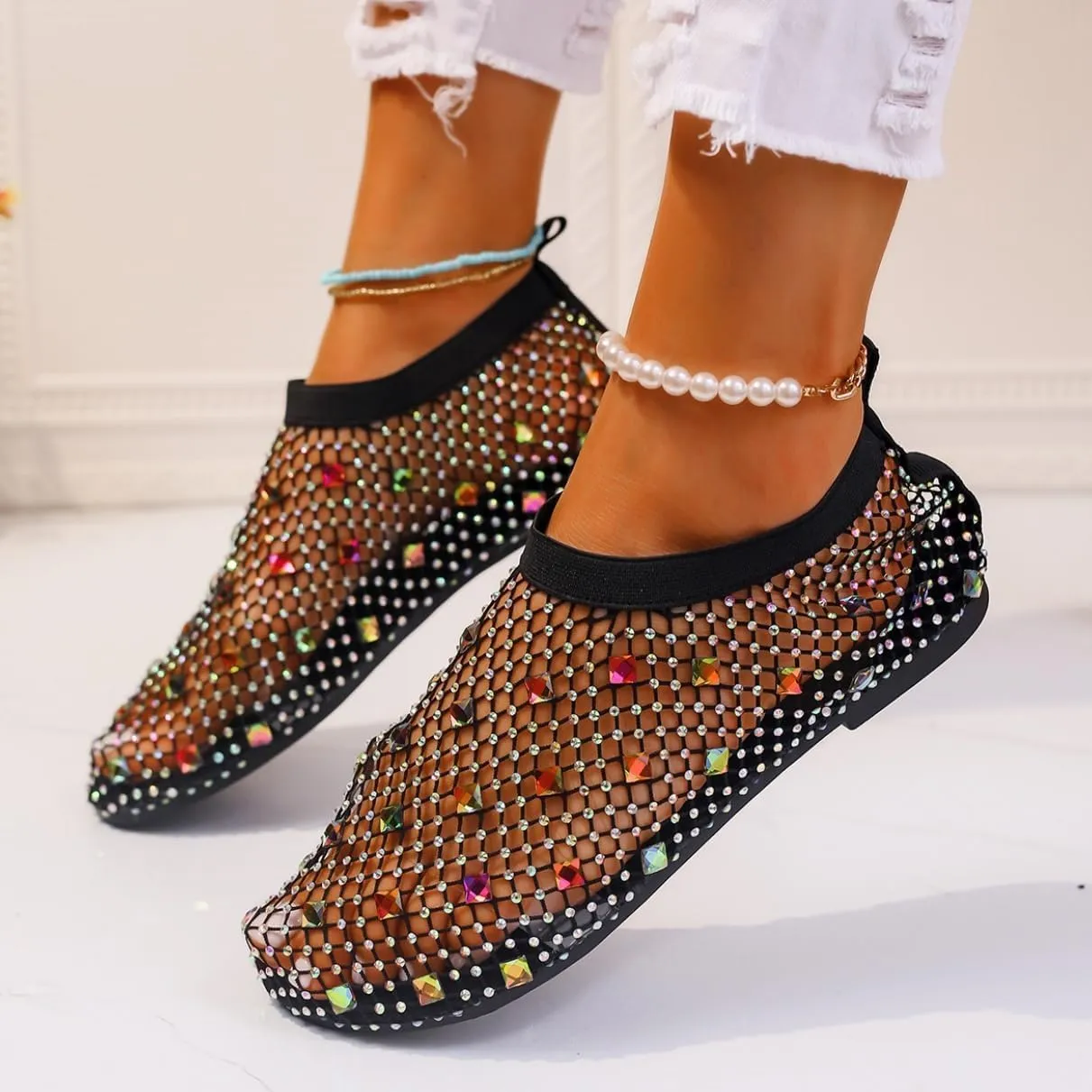 Shiny Gem Mesh Flats Women,Glittery Stretchy Net Shoes Women Ultra Comfortable Shiny Gem Mesh Flats Sparkle Shoe,Sexy Flat Cutout Sparkly Casual Wedding Dress Flats Slip On Sandals