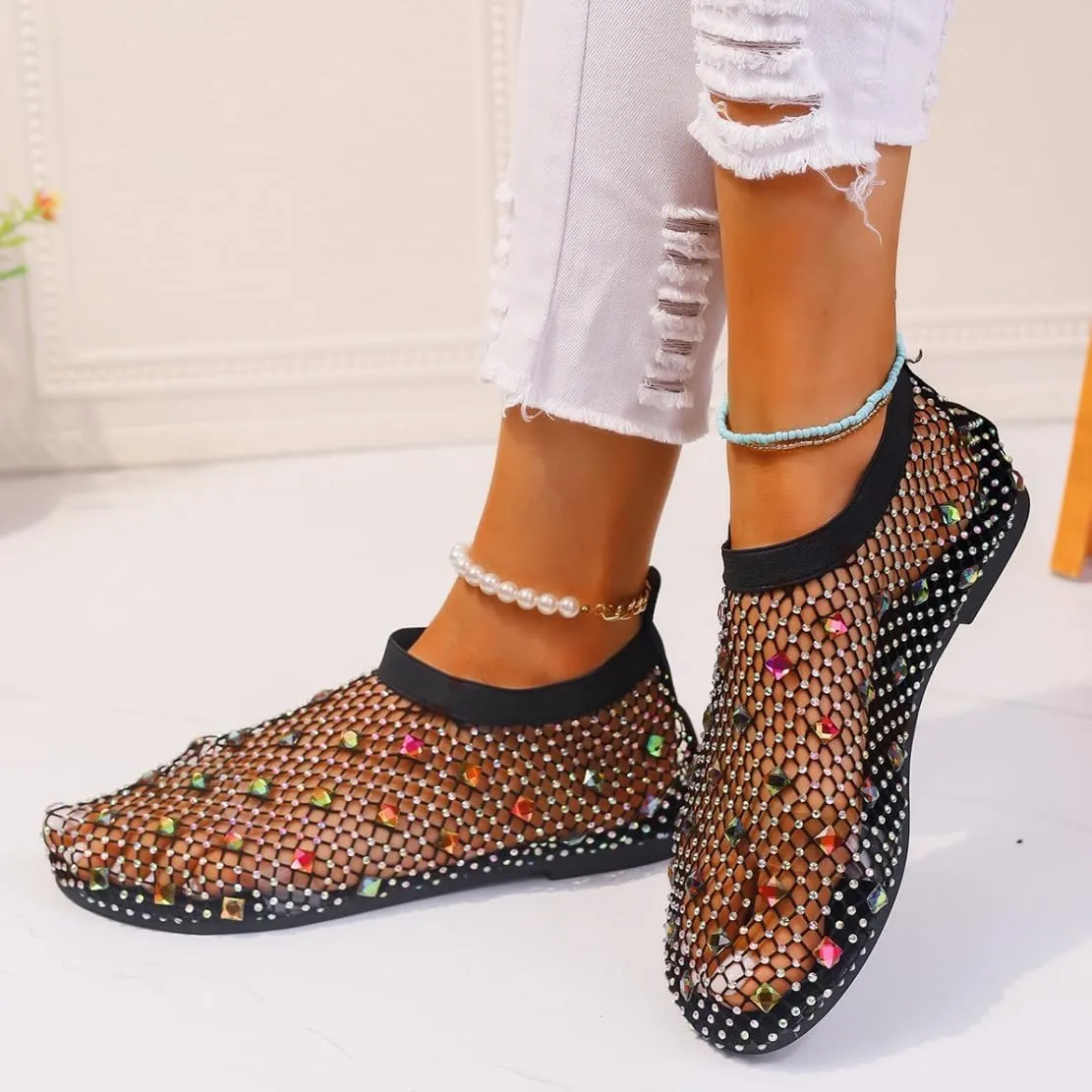 Shiny Gem Mesh Flats Women,Glittery Stretchy Net Shoes Women Ultra Comfortable Shiny Gem Mesh Flats Sparkle Shoe,Sexy Flat Cutout Sparkly Casual Wedding Dress Flats Slip On Sandals