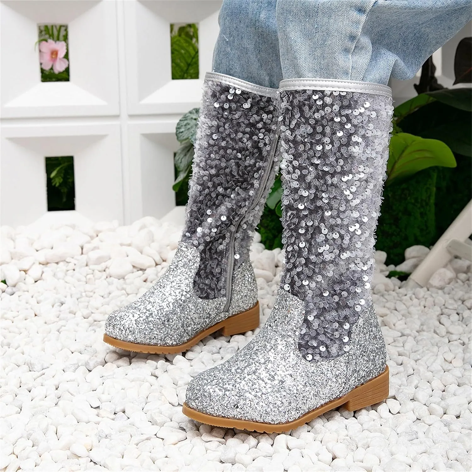 Sparkly Girls Cowboy Western Boots Comfortable Casual Walking Boots Mid Calf Square Toe Ankle Boots for Toddler