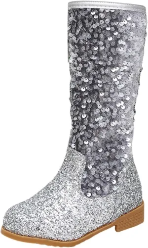 Sparkly Girls Cowboy Western Boots Comfortable Casual Walking Boots Mid Calf Square Toe Ankle Boots for Toddler
