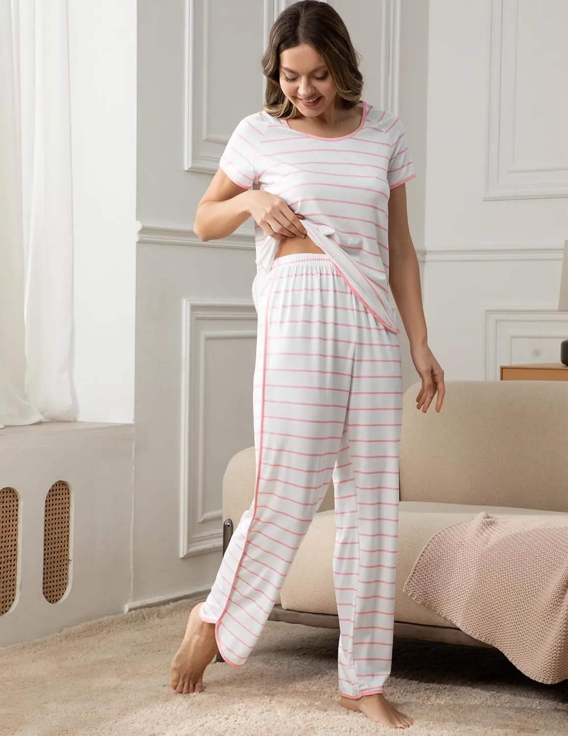 Stripe Women's Pajama Set Luxurious Sleepwear Sets, Two-Piece Loungewear PJs Sets for Nightwear, Lounge Set & Sleepwear